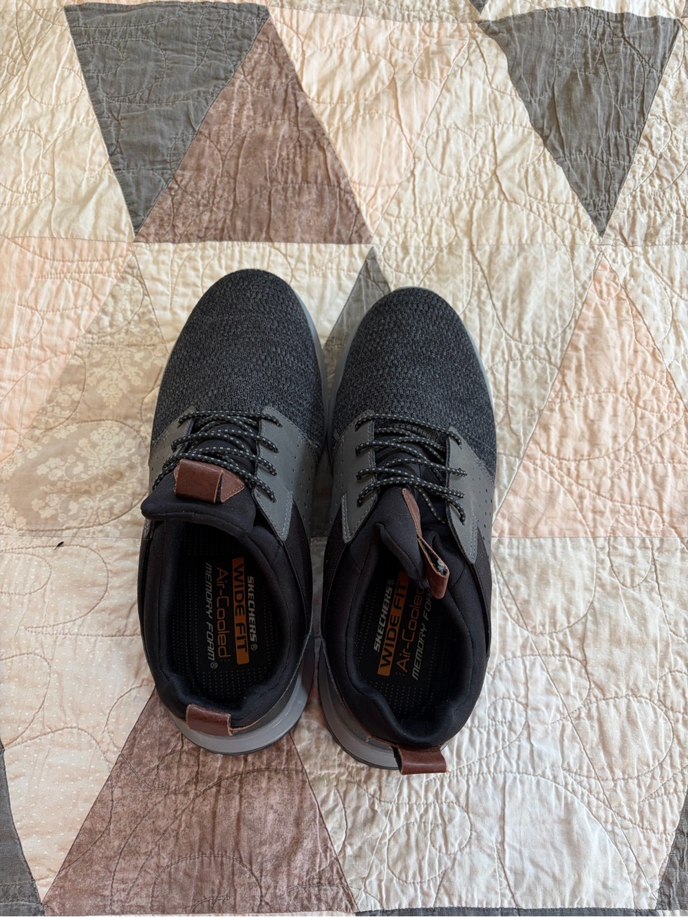 Skechers Men's Black and Gray Knit Slip-On Sneakers with Brown Accents- Wide fit